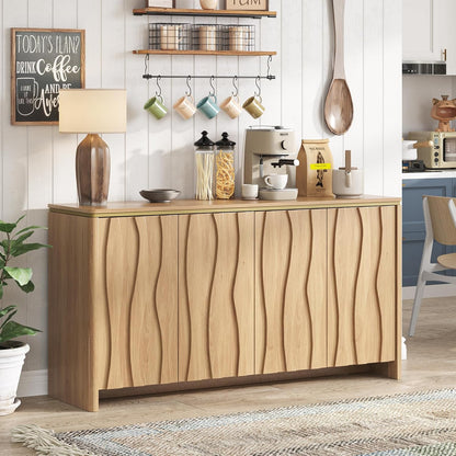 Vabches Fluted Buffet Cabinet with Storage, 3D Ripple Pattern Doors and Curved Edges, Modern Sideboard for Kitchen, Entryway, 4 Doors & Adjustable Shelf, Natural, 57.9" W