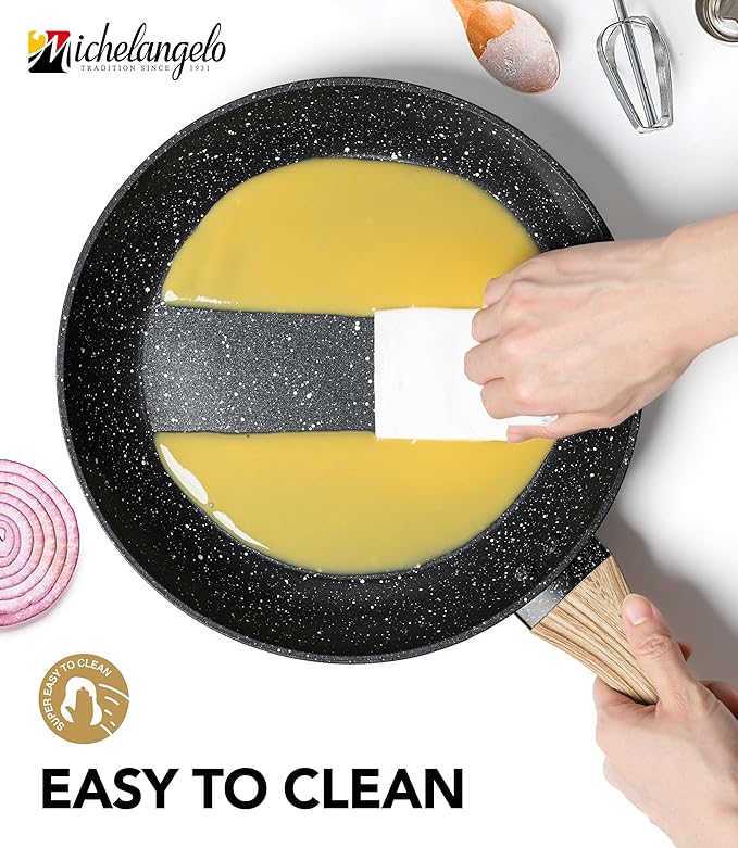 MICHELANGELO Non Stick Frying Pans - 12 Inch Nonstick Frying Pan with Glass Lid, Large Stone Fry Pan with Ergonomic Handle, Induction Compatible, Black