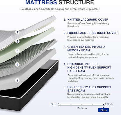 10 Inch Full Green Tea Memory Foam Mattress for Cool Sleep & Pressure Relief, Bed in a Box, Removable Cover No Fiberglass, CertiPUR-US Certified