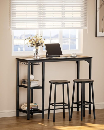 Small Bar Table Set for 2, Bar Table and Chair Set for 2, Kitchen Table for 2 with 2 Storage Shelves & Wine Glass Holder, Dining Table for Small Apartment, Dining Room, Black