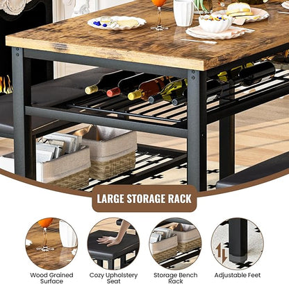 Lamerge Kitchen Tables Set for 4, Rectangular Dining Room Table Set with Bench and Stools, 4 Pieces Dining Room Table Set with Storage Rack for Small Space, Breakfast Nook and Apartment, Rustic Brown