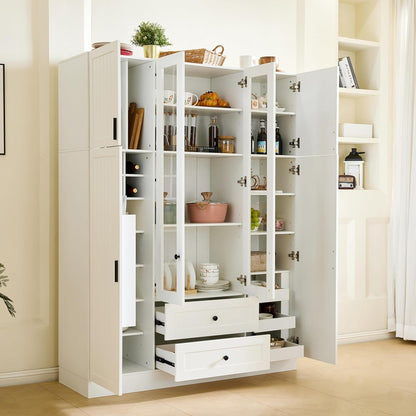 Modern Large Kitchen Pantry Organizer with Acrylic Doors, Wine Storage, and Adjustable Shelving for Ultimate Home Organization (White-M)
