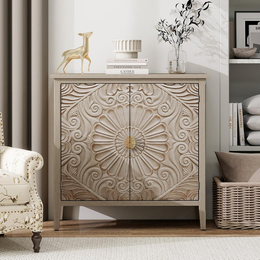 Vintage Accent Cabinet with Doors - Rustic Carved Wood Sideboard Buffet Cabinet with Storage, Farmhouse 2 Door Cabinet, Modern Credenza for Living Room, Dining Room