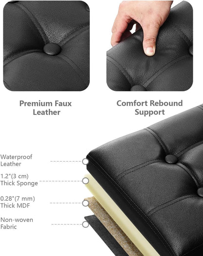 AmasSmile Footrest Ottoman Storage Bench,34" Leather Folding Chest,Black | Large Ottoman with Storage,Thicker Foam Padded Seat,Livingroom,Dorm,Bedroom,Entryway,Easy to install,34 x 13 x 13in