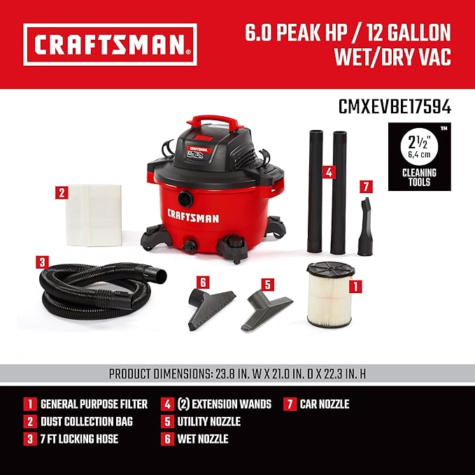CRAFTSMAN CMXEVBE17594 12 Gallon 6.0 Peak HP Wet Dry Vac, Portable Shop Vacuum Wet and Dry with Filter, Dust Bag, Hose and Attachments for Home Projects & Renovations