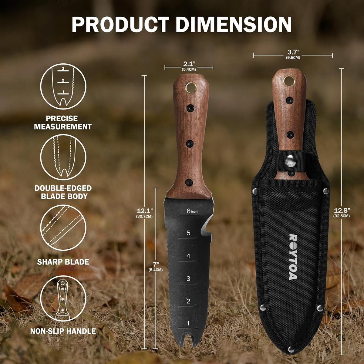 Hori Hori Garden Knife, Garden Tools with Sheath for Weeding,Planting,Digging, 7" Stainless Steel Blade with Cutting Edge, Full-Tang Wood Handle with Hanging Hole