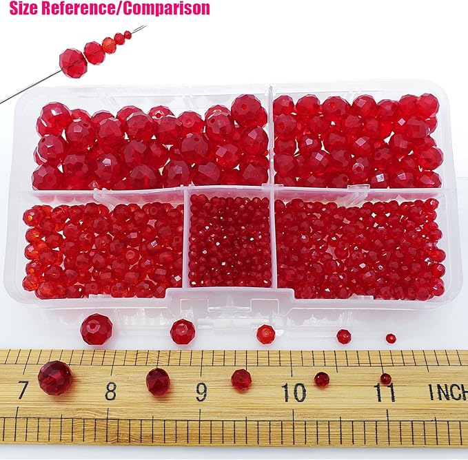 2-10mm Briolette Rondelle 810pcs Red Crystal Glass Beads Faceted Shape Crystal Spacer Beads for Bracelet Necklace Decorative Hand Jewelry Making (2/4/6/8/10mm Red)
