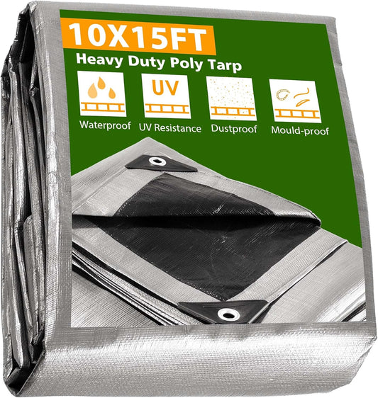 Yescom 10x15ft Heavy Duty Reinforced Poly Tarp 10-mil Waterproof Tarpaulin Ground Sheet Camping Tent Cover with Eyelets Reversible Silver Black Tarps