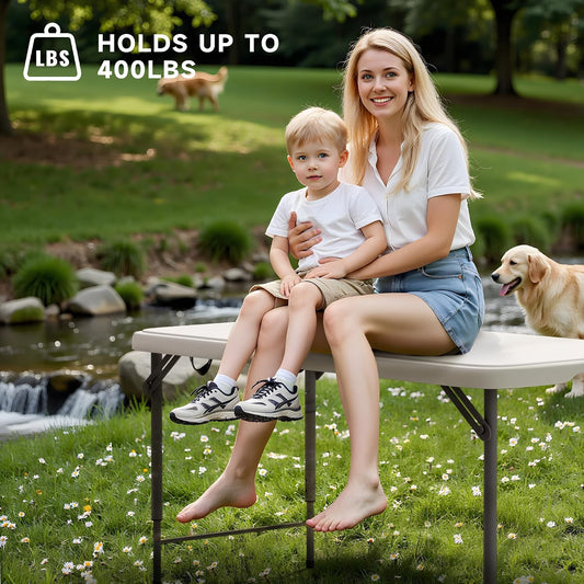 4 Foot Folding Table with Black Table Cloth - Quick 2-Position Adjustable Height, 400 lbs Heavy Duty Capacity - Portable Folding Tables for Camping,Indoor & Outdoor Use, 2 Pack