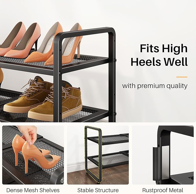 Shoe Rack - Expandable Shoe Organizer for Closet, Adjustable Metal Shoe Shelf Storage, 2 Tier Stackable Long Shoe Stand Holder for Garage, Entryway, Door Entrance, Black