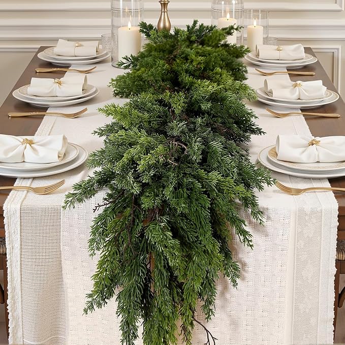 Alupssuc 9FT Christmas Garland, Cedar Garland -Real Touch Artificial Greenery Cypress Pine Garland for Mantle Table Railing Fireplace Indoor & Outdoor Christmas Decoration