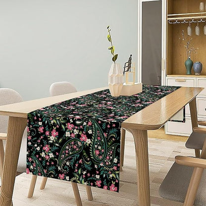 Paisley Table Runner, Abstract Vintage Boho Pink Paisley Flowers Green Teal Leaves Print Table Runner for Dinning Holiday Party Indoor Outdoor Decor, 13x70inch