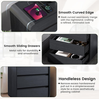 Standifurno Black Curved Night Stand Set of 2 with Charging Station, 25" Tall Wood Bedside Table Nightstand with 3 Storage Drawers, Mid Century Modern End Table for Bedroom, Office