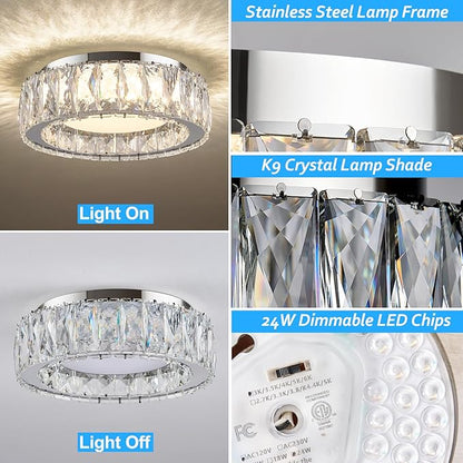 11 Inch Chrome Modern Luxury Crystal Flush Mount Ceiling Light Fixture,5CCT 3000K-6000K 24W,Round Small Dimmable Led Chandelier Hallway Lighting for Entryway,Kitchen,Bedroom,Laundry Room