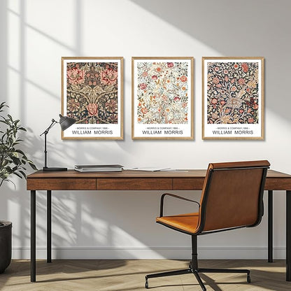 Cyebmo Wood Framed William Morris Wall Art Set of 3, Rustic Farmhouse Floral Wall Decor, Retro Flower Plants Aesthetic Picture, Vintage Botanical Art Prints for Living Room Bedroom Bathroom 12"x16"x3
