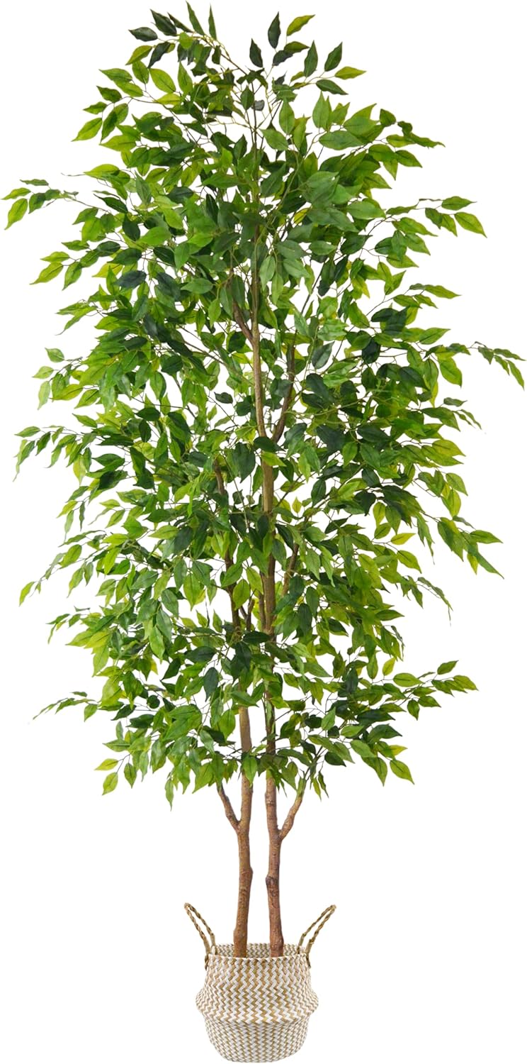 8ft Artificial Ficus Tree, 96” Realistic Ficus Leaves Large Fake Plant with Basket, Indoor Outdoor Potted Faux Tree for Home Garden Office House Livingroom Décor