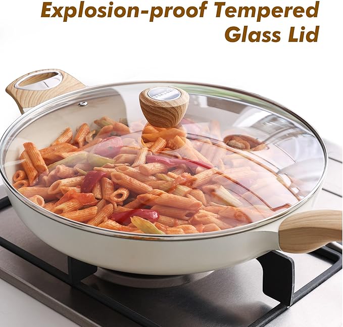 SENSARTE Ceramic Nonstick Frying Pan Skillet with Lid 12.5Inch Large Non Stick Non-toxic Healthy Kitchen Cooking Chef's Pan, Free of Intentionally Added PFOA/PFAS/PTFE, Induction Compatible, White