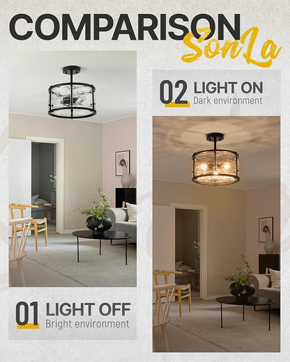 Semi Flush Mount Ceiling Light Fixturs - Black Ceiling Lights - 14inch Ceiling Light Fixtures with Glass - E12 3-Light Hallway Lighting Fixtures C2118-BK