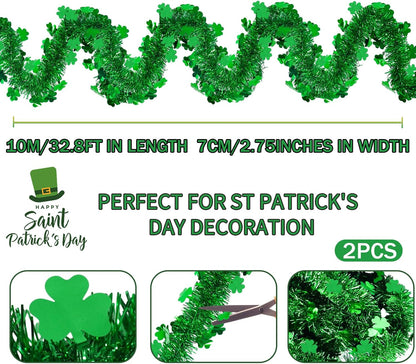 2 Pack St Patrick’s Day Tinsel Garland Decoration 66 Feet Hanging Metallic Green Shamrock Garland for Irish Festival Mantle Wall Window Decor