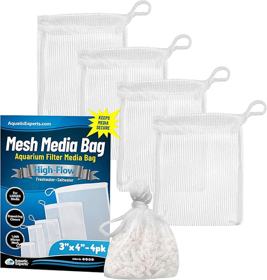 Aquatic Experts High Flow Filter Media Bag - Durable Filter Bags for Fish Tank, Secure Aquarium Media Bag with Drawstring, Media Bags for Aquarium and Pond, High Flow (White), 3” x 4” – 4 Pack