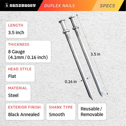 Sandbaggy 16d Duplex Nails (3.5" Long) - Temporary Construction, Concrete Forms, Scaffolding - 8 Gauge Steel - Smooth Shank, Flat Head - Removable/Reusable (2000)