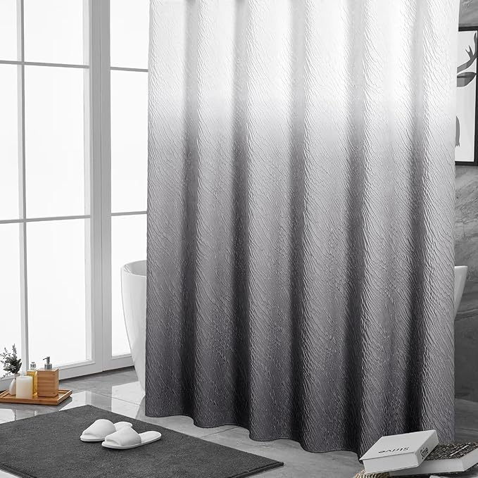 MitoVilla Grey Ombre Shower Curtain, Farmhouse Waves Fabric Shower Curtains for Modern Hotel Bathroom Decor, 3D Geometric Embossed Textured, Waterproof & Wrinkle Resistant, 72 x 72