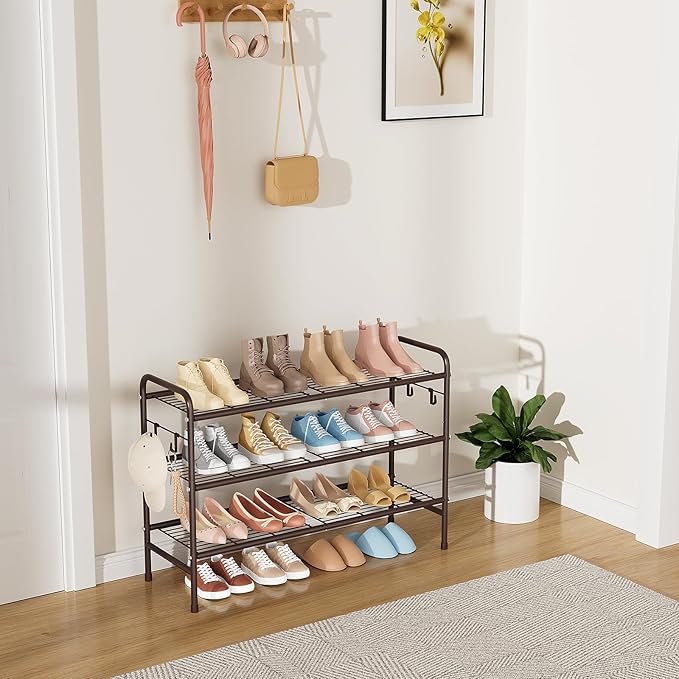 3 Tier Shoe Rack 33" Wide Metal Shoe Organizer Long Shoe Storage with 4 Side Hooks Sturdy Shoes Shelf for Front Door Entrance, Closet, Garage, Dorm, Brown