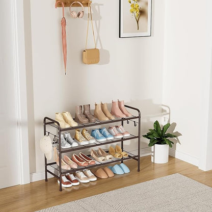 3 Tier Shoe Rack 33" Wide Metal Shoe Organizer Long Shoe Storage with 4 Side Hooks Sturdy Shoes Shelf for Front Door Entrance, Closet, Garage, Dorm, Brown