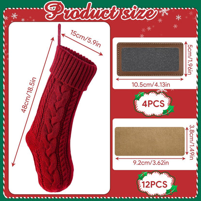 steo spce 4 Pack Personalized Christmas Stocking with Leather Patches Custom Name Family Christmas Stockings, 18.5” Large Knitted Xmas Stockings for Kids, Holiday and Fireplace Party Decoration