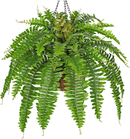 Fake Hanging Plants Large Boston Fern Artificial Plants Outdoor Realistic Fake Ferns with Palm Basket Silk Plants Ferns Hanging Plant Artificial Decor for Home Front Porch Window Garden - Green