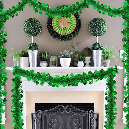 2 Pack St Patrick’s Day Tinsel Garland Decoration 66 Feet Hanging Metallic Green Shamrock Garland for Irish Festival Mantle Wall Window Decor