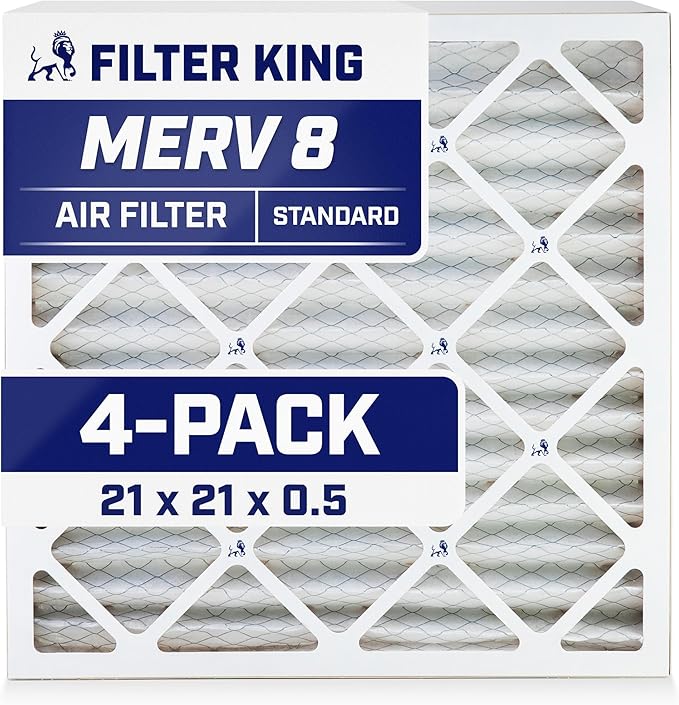 Filter King 21x21x0.5 Air Filter | 4-PACK | MERV 8 HVAC Pleated A/C Furnace Filters | MADE IN USA | Actual Size: 20.5 x 20.5 x 0.5"