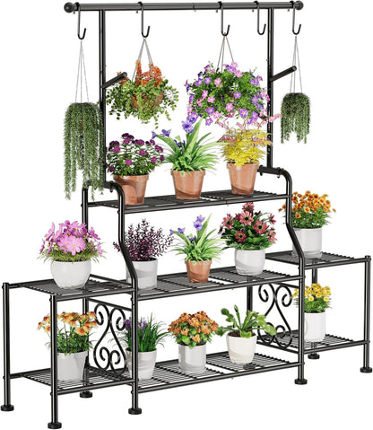 GIOTORENT 3-Tier Tall Metal Plant Stand Indoor Outdoor - Heavy Duty Plant Shelf for Garden, Patio, Balcony with 5 Hanging Hooks, Holds 16-25 Plants, Black