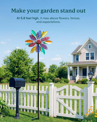 Solar Garden Wind Spinners with Light, Metal Yard Wind Spinners with Stake for Outdoor Lawn Decor (20" W x 77" H)