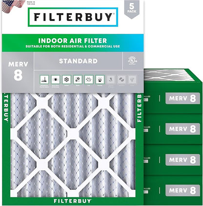 Filterbuy 17x20x4 Air Filter MERV 8 Essential Dust & Allergy Defense (5-Pack), Electrostatic Pleated HVAC AC Furnace Filters Replacement, Made in USA (Actual Size: 16.50 x 19.50 x 3.63)
