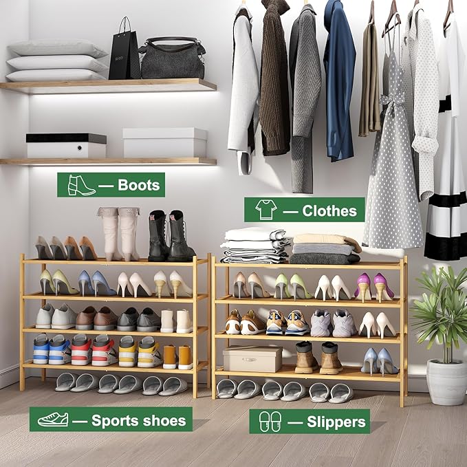 Long Shoe Rack, 4-Tier Bamboo Wood Shoe Rack, Stackable for Closet, Entryway & Hallway