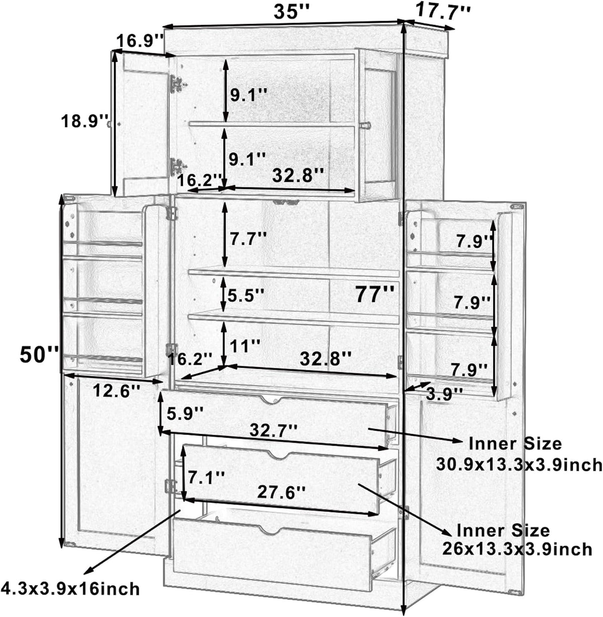roomfitters 77'' Kitchen Pantry Organizers and Storage Kitchen Cabinet, with Door Spice Racks, Wine Rack, 3 Drawers, White