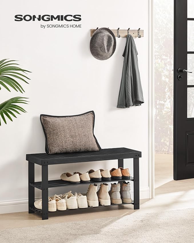 SONGMICS Shoe Rack Bench, 3-Tier Bamboo Shoe Storage Organizer, Entryway Bench, Holds Up to 286 lb, 11.3 x 35.4 x 17.8 Inches, for Entryway Bathroom Bedroom, Ink Black ULBS90B33