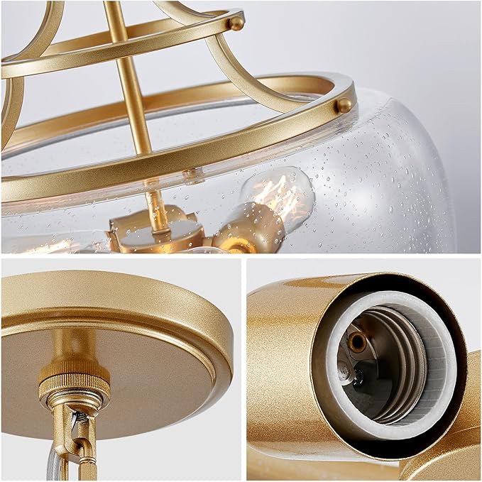 WUZUPS Chandelier Rustic Farmhouse Industrial Round Ceiling Pendant LED Light Fixture Clear Seeded Glass Shade for Dining Room Kitchen Island Foyer Entryway, H 20.9" x W 15.9", Gold