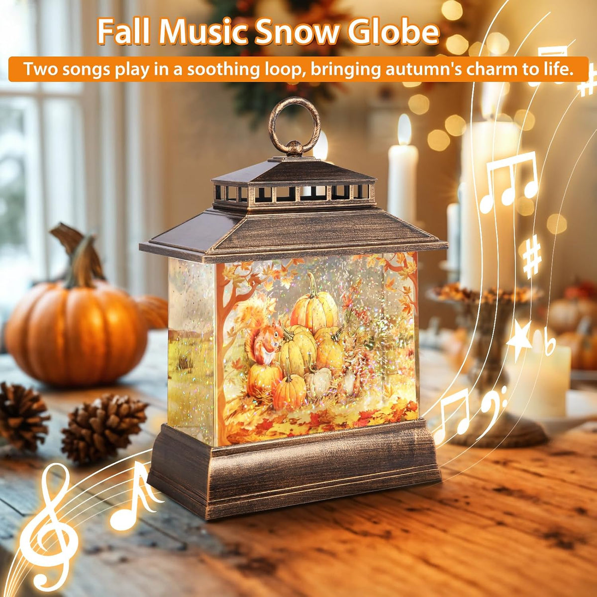 Fall Snow Globe Lantern Thanksgiving Pumpkins and Squirrels Water Lantern with Swirling Glitter 6H Timer Remote Control Fall Decorations for Home Thanksgiving Autumn Harvest (Pumpkin and Squirrel)