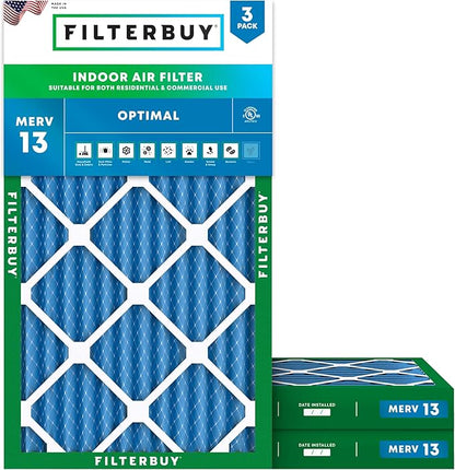 Filterbuy 12x20x2 Air Filter MERV 13 Optimal Smoke & Allergy Defense (3-Pack), Electrostatic Pleated HVAC AC Furnace Filters Replacement, Made in USA (Actual Size: 11.50 x 19.50 x 1.75)