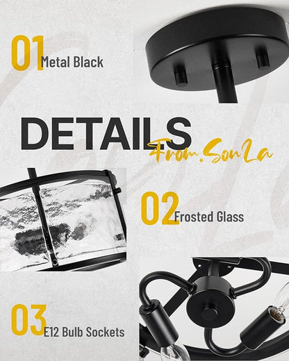 Semi Flush Mount Ceiling Light Fixturs - Black Ceiling Lights - 14inch Ceiling Light Fixtures with Glass - E12 3-Light Hallway Lighting Fixtures C2118-BK