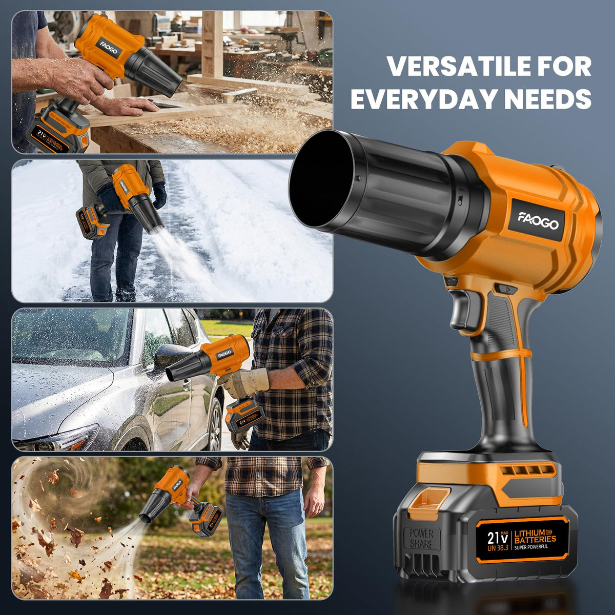 FAOGO Cordless Leaf Blower with 2 Batteries & Charger - 990,000 RPM Electric Handheld Blower, Lightweight for Lawn, Yard, Patio, Garden Care Orange