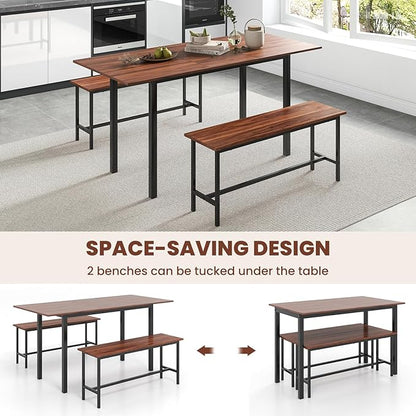 Giantex 3-Piece Dining Table Set for 4-8, 63” Extendable Dining Table with 2 Benches, Metal Frame, Dinette Table Set for Dinner, Breakfast Nook, Kitchen, Living Room, Restaurant, Walnut