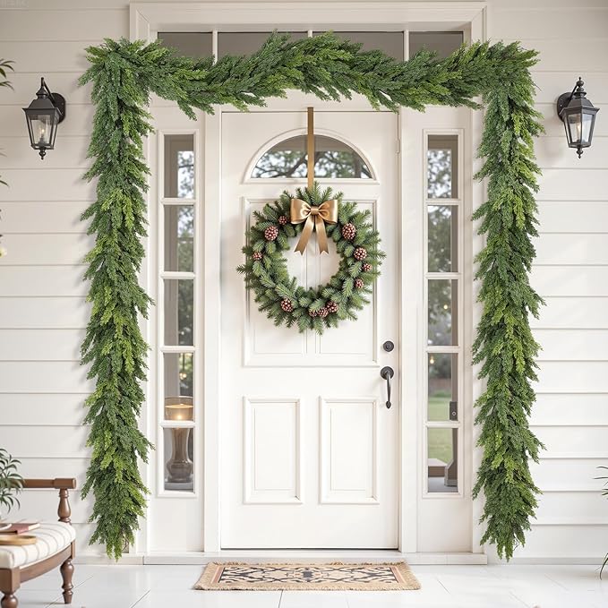 Alupssuc 9FT Christmas Garland, Cedar Garland -Real Touch Artificial Greenery Cypress Pine Garland for Mantle Table Railing Fireplace Indoor & Outdoor Christmas Decoration
