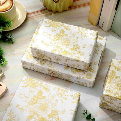 JarThenaAMCS 100 Sheets Floral Tissue Paper Gold Flower Gift Wrapping Paper Vintage Decorative Art Paper for Home Party DIY Crafts Supplies, 14 x 20 Inch