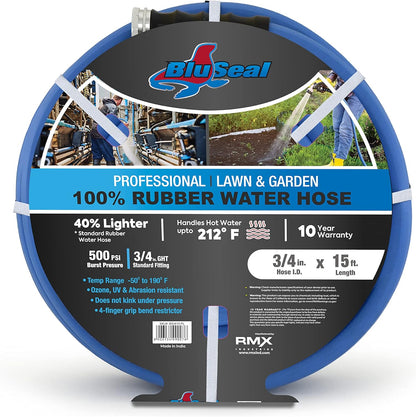 BluSeal Hot/Cold Water Rubber Garden Hose, 100% Rubber, Ultra-Light, Super Strong, 500 PSI, 50F to 190F Degrees, High Strength Polyester Braided (3/4" x 15')
