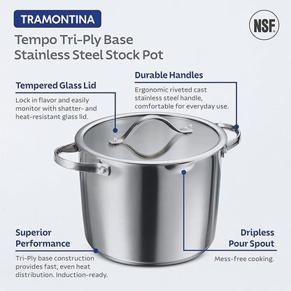 Tramontina Tempo Tri-Ply Base Stainless Steel 8-Quart Stock Pot with Glass Lid, Induction-Ready Pasta Pot, Oven-Safe, Dishwasher-Safe