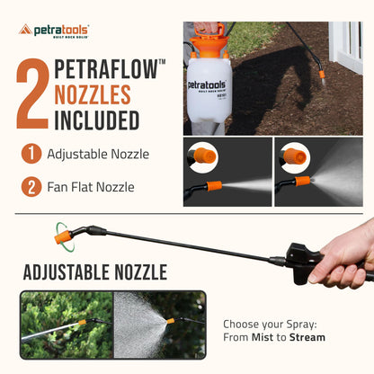 PetraTools HD101 Garden Pump Sprayer, 52-in Long Hose & 2 Nozzles, 1 Gallon