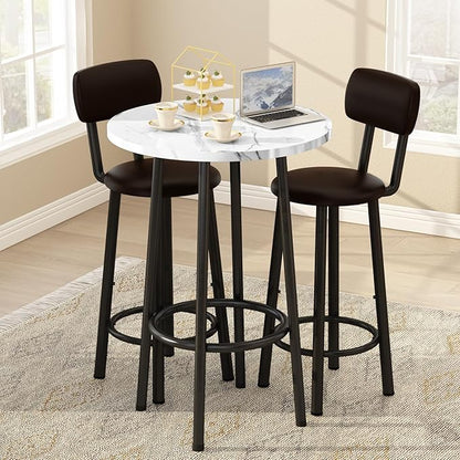 Dining Table Set, 23.6" Round Faux Marble Table with 2 PU Upholstered Backrest Chairs, 3-Piece Kitchen Dining Room Set for Small Spaces, Kitchen, Restaurant Furniture, White
